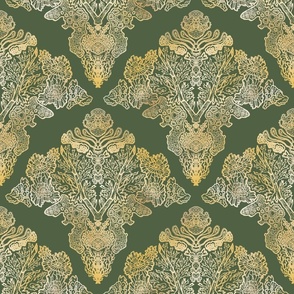 Mosses: Golden Moss and Lichen Damask on Olive Green