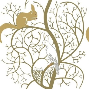 BritishVoysey Squirrel and Birds in Tree Art Deco Art Nouveau Arts and Crafts on White