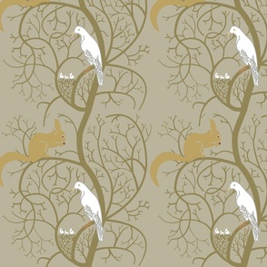 CFA Voysey Squirrel and Birds in Tree Dark Vintage Art Deco Art Nouveau