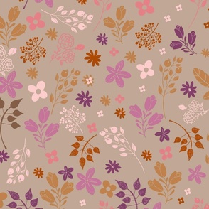 Pink Purple Tan Simple Flowers and Leaves