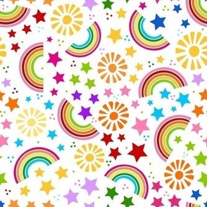 Medium Scale Rainbows Stars and Sunshine on White