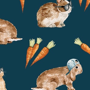Cool Bunnies and Carrots on Navy Blue 24 inch