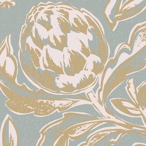 woodblock artichokes in silver and gold