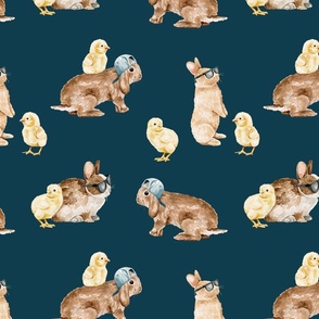 Cool Bunnies and Chicks on Navy Blue 12 inch