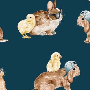 Cool Bunnies and Chicks on Navy Blue 24 inch