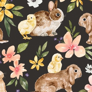 Easter Bunny and Baby Chick Floral on Black 24 inch