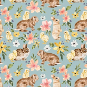 Easter Bunny and Baby Chick Floral on Blue 12 inch