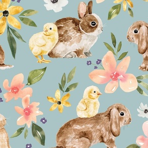 Easter Bunny and Baby Chick Floral on Blue 24 inch