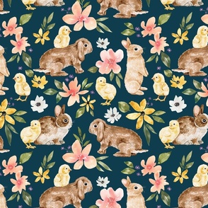 Easter Bunny and Baby Chick Floral on Navy Blue 12 inch