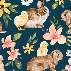 Easter Bunny and Baby Chick Floral on Navy Blue 24 inch