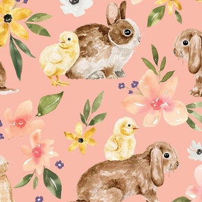 Easter Bunny and Chick Floral on Pink 24 inch