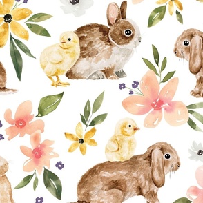 Easter Bunny and Chick Floral on White 24 inch
