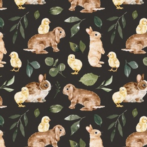 Watercolor Bunnies and Chicks with Greenery on Black 12 inch