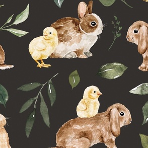 Watercolor Bunnies and Chicks with Greenery on Black 24 inch