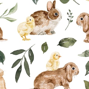 Watercolor Bunnies and Chicks with Greenery 24 inch