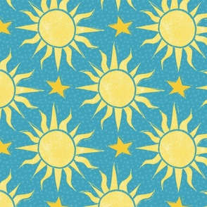 Celestial Suns and Stars in Bright Yellow & Blue - Large Scale