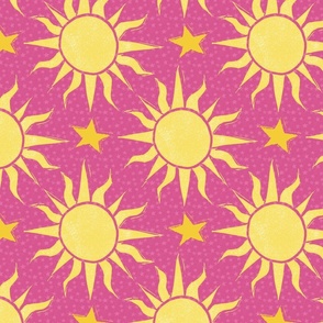 Celestial Suns and Stars in Bright Yellow and Pink - Large Scale