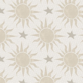 Neutral Nursery Wallpaper - Celestial Suns and Stars in Neutral Beige & Tan - Large Scale