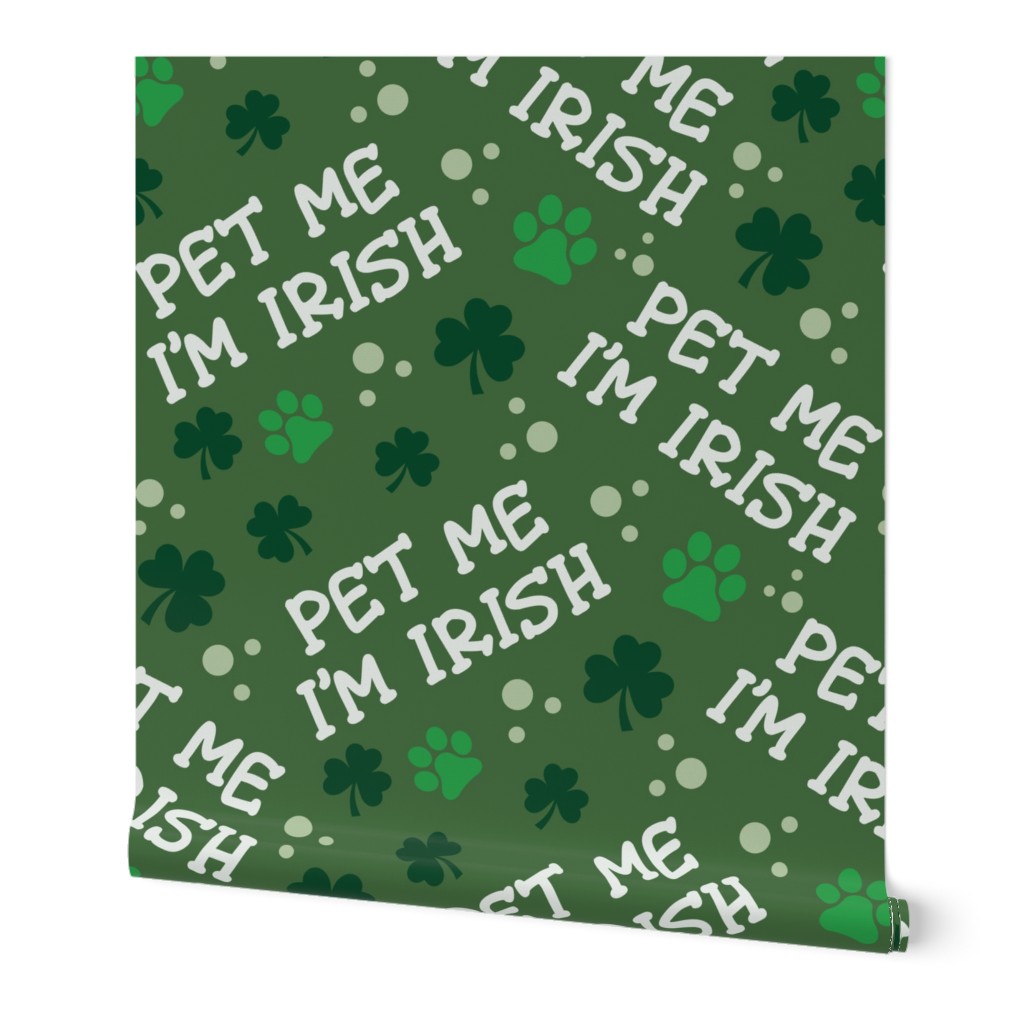 St Patricks Day, Dog Fabric, Pet Me I'm Irish, Saint Patrick's Day Fabric - Dog Fabric - Clover - Dark Green and White