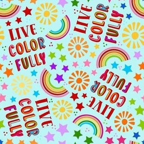 Medium Scale Live Color Fully Rainbows Stars and Sunshine on Blue
