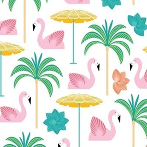 Medium - Mid century pool party: flamingo float, palm trees and sun umbrella