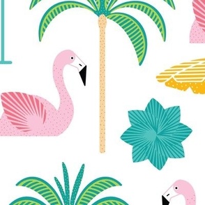 Large - Mid century pool party: flamingo float, palm trees and sun umbrella