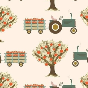 Apple Orchard Tractors Harvesting Apples {on Cream / Off White} Retro Fall Harvest Time Haywagon Ride