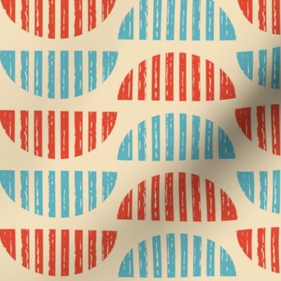 Modern Mid Century Wallpaper Geometrics, Semicircles / Light Blue and Red Version / Large Scale