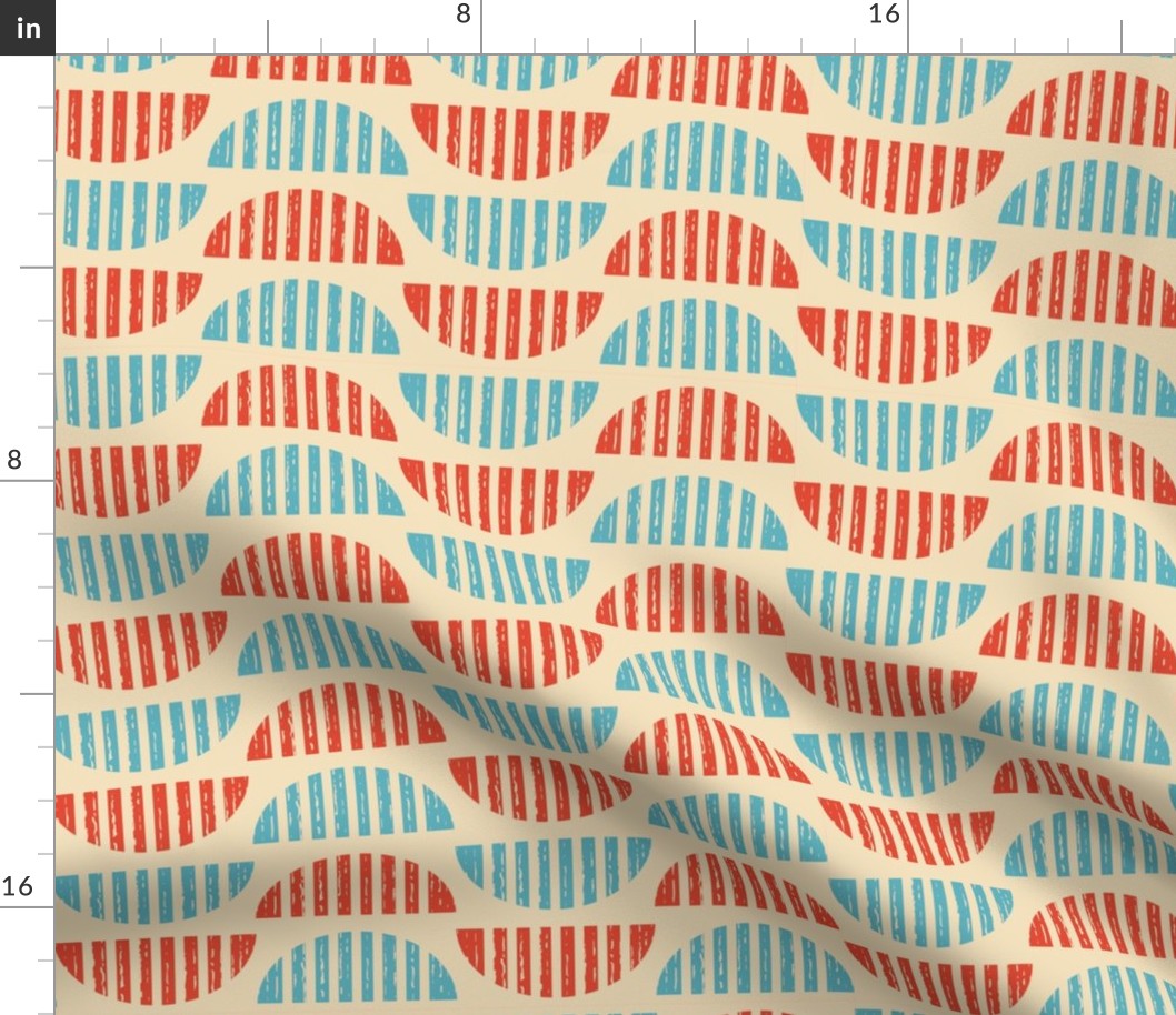 Modern Mid Century Wallpaper Geometrics, Semicircles / Light Blue and Red Version / Large Scale