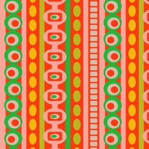 In the Groove Mid-Century Mediterranean Stripes Abstract Geometric in Blush Pink Green Yellow Cream on Coral Orange - MEDIUM Scale - UnBlink Studio by Jackie Tahara