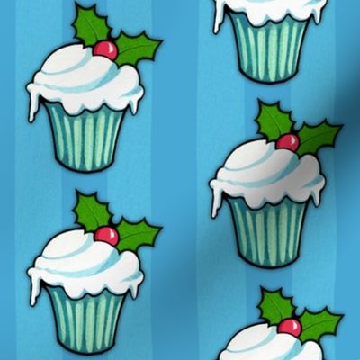 Christmas Holly Cupcake on Blue Stripes