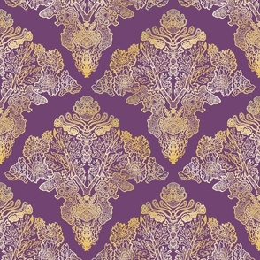 Gold Moss and Lichen Damask on Red Violet