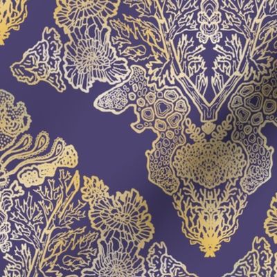 Gold Moss and Lichen Damask on Blue Violet