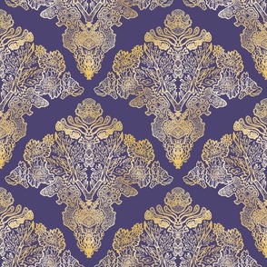 Gold Moss and Lichen Damask on Blue Violet