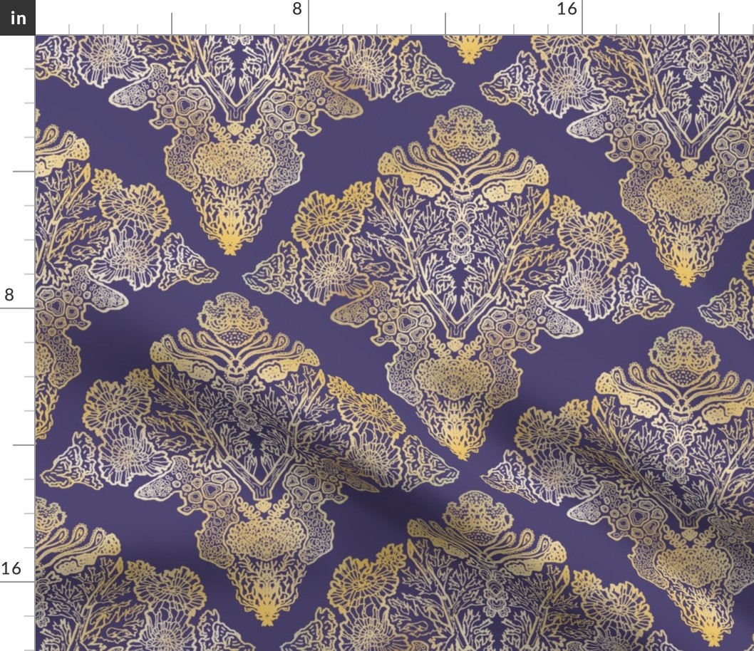 Gold Moss and Lichen Damask on Blue Violet