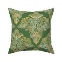 Gold Moss and Lichen Damask on Leaf Green