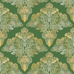 Gold Moss and Lichen Damask on Leaf Green