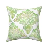 Variegated Green Moss and Lichen Damask on White