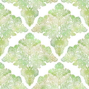Variegated Green Moss and Lichen Damask on White