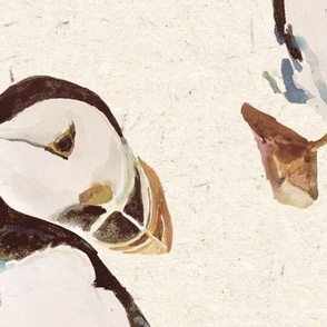 Large Vintage Puffins on Cream / Watercolor / Retro