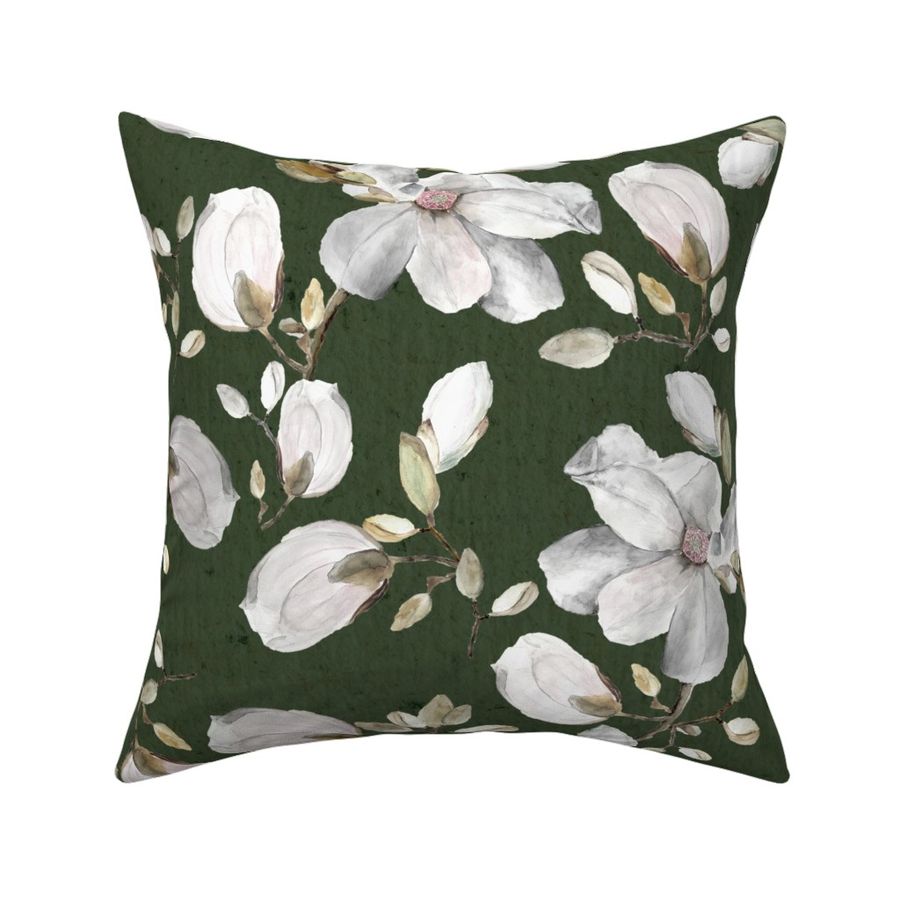 Large forest green white magnolia flowers watercolor