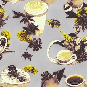 Coffee Cups and Flowers Plum Grey Yellow Lavender 01