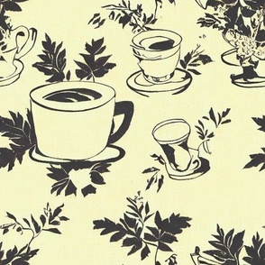 Coffee Cups and Flowers Plum Grey Yellow Lavender 02