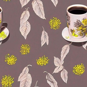 Coffee Cups and Flowers Plum Grey Yellow Lavender 08