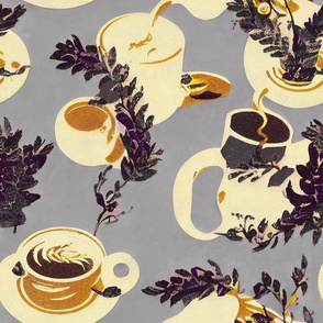 Coffee Cups and Flowers Plum Grey Yellow Lavender 07