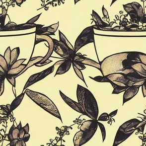Coffee Cups and Flowers Plum Grey Yellow Lavender 09