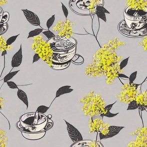 Coffee Cups and Flowers Plum Grey Yellow Lavender 12