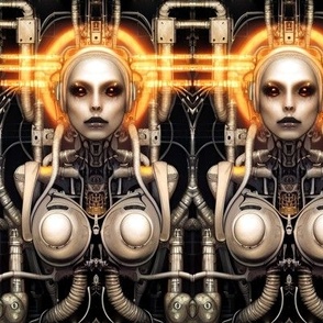 12 biomechanical goddess angel halo bioorganic bald half naked nude female yellow cyborg robot android woman tentacles monsters cables wires cybernetics machine demons breast aliens sci-fi  science fiction futuristic flesh Halloween body horror scary horr