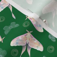 (L) Dreamy Pastel Pink Watercolor Luna Moth on Kelly Green Background Large