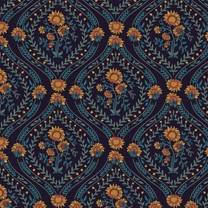 Art Deco Sunflowers in Blue - Small Size 
